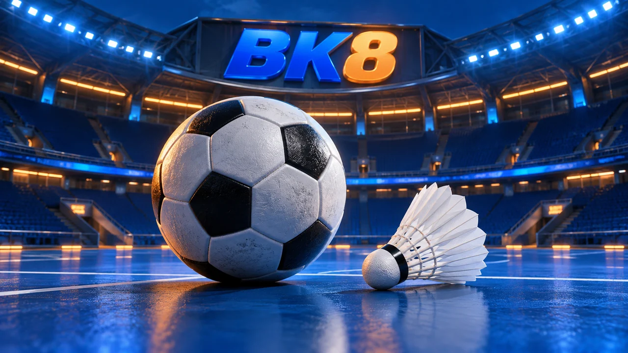 Bola sepak dan raket badminton di stadium dengan papan tanda BK8